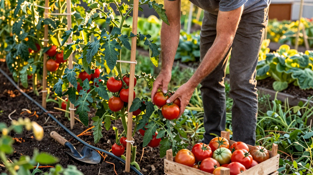 Pessoa colhendo tomates vermelhos maduros em plantação orgânica com cesta de madeira ao lado.