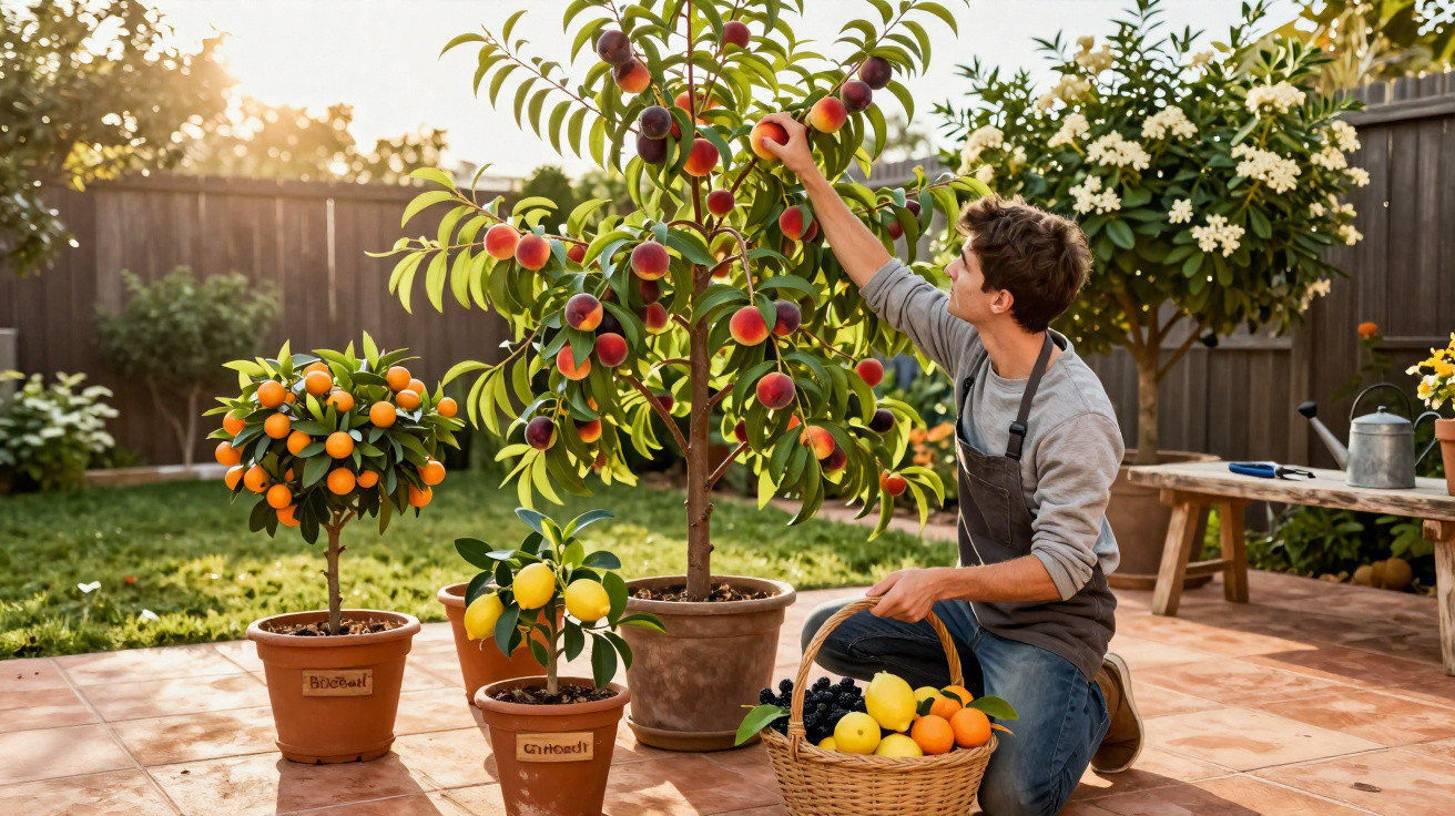 Homem colhendo pêssegos de árvore em vaso no jardim com outras frutas cítricas e cesta ao lado.