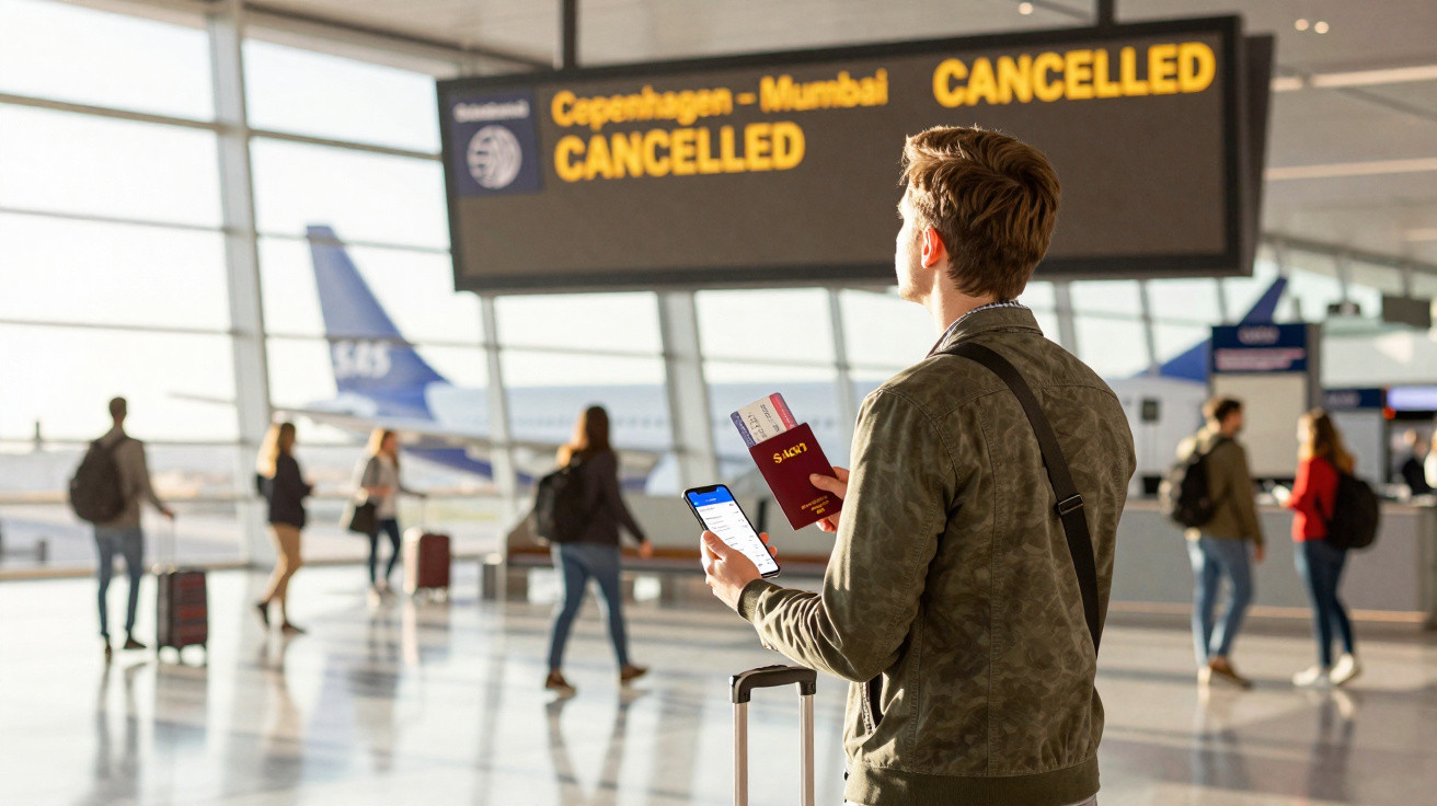 Jovem com passaporte e celular observa painel de voos cancelados no aeroporto movimentado.