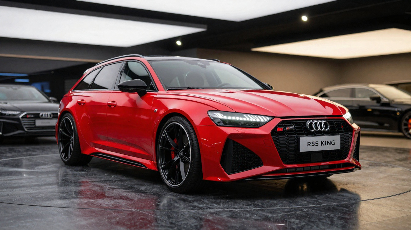 Carro Audi RS5 King vermelho estacionado em showroom moderno com piso refletivo e iluminação suave.