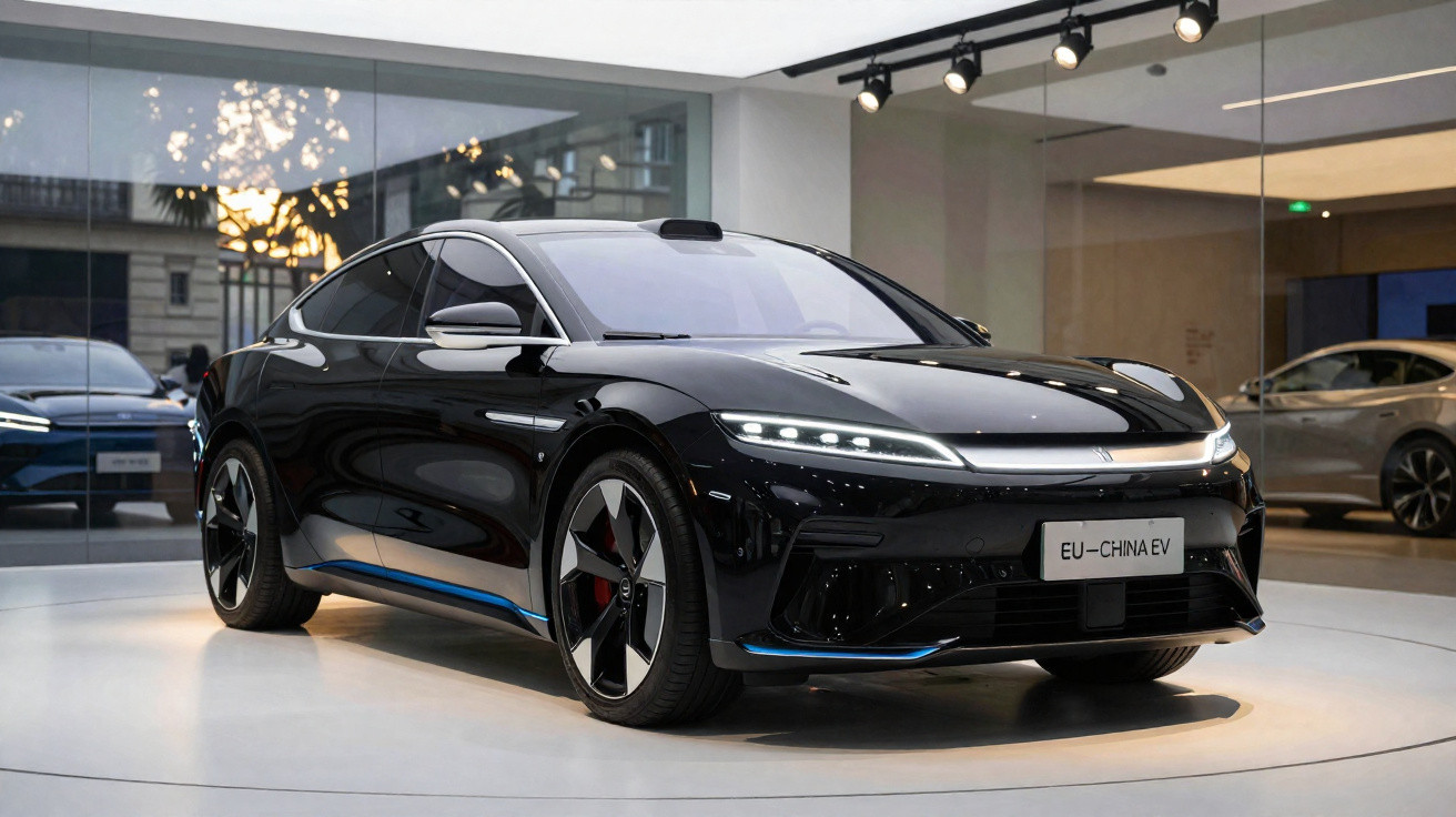 Carro elétrico preto moderno exposto em showroom com iluminação ambiente e design aerodinâmico.