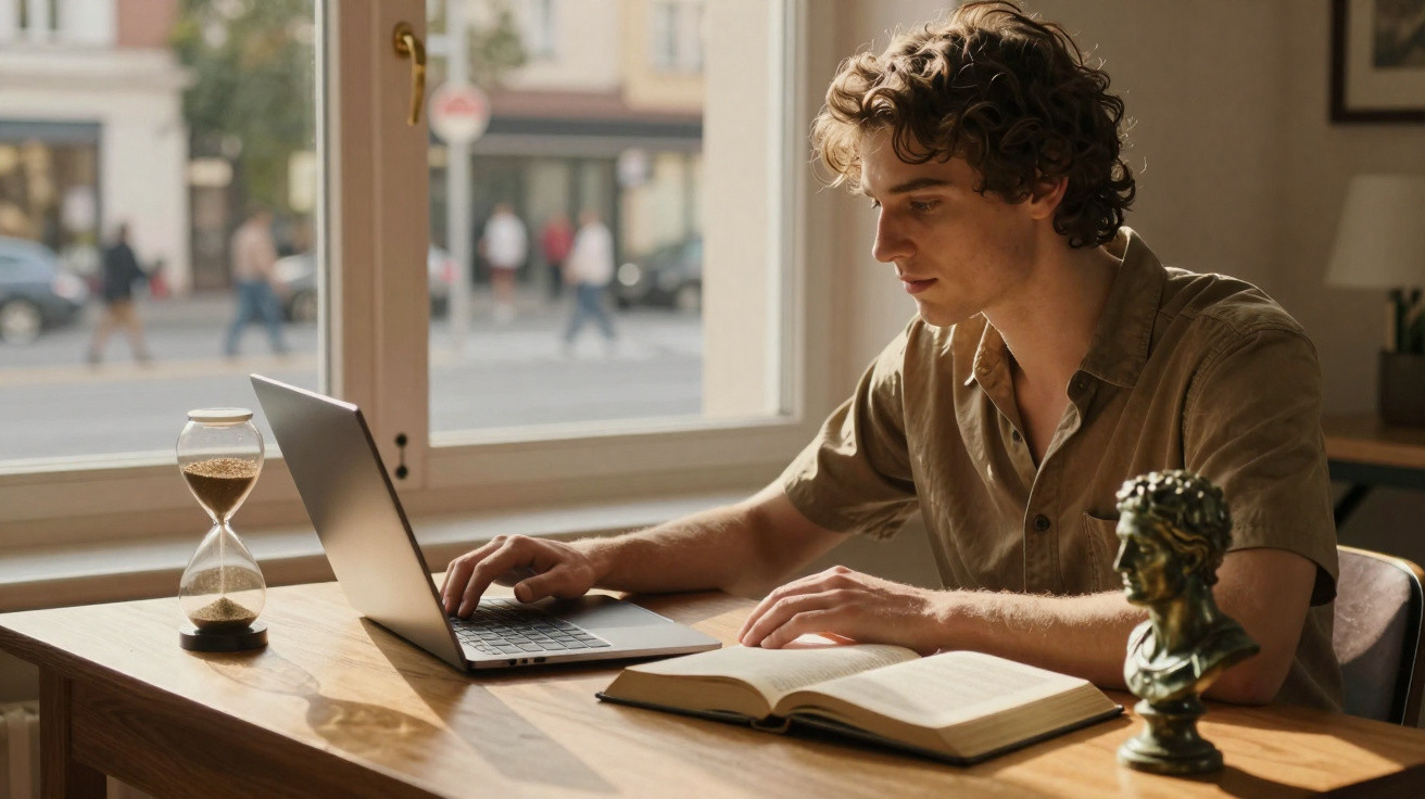 Jovem sentado à mesa estudando com laptop aberto, livro e ampulheta em ambiente iluminado pela luz natural.