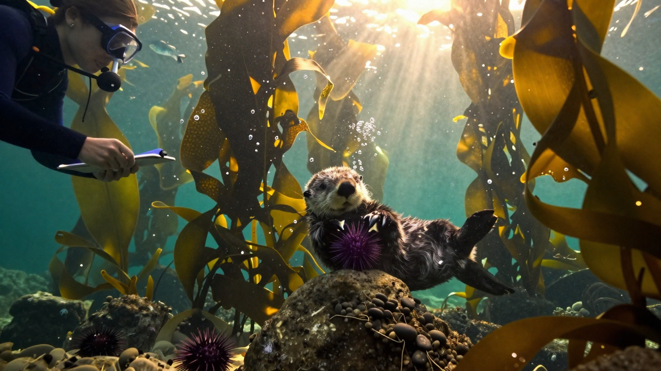 Mergulhadora observa uma lontra marinha segurando um ouriço-do-mar em floresta subaquática de algas.