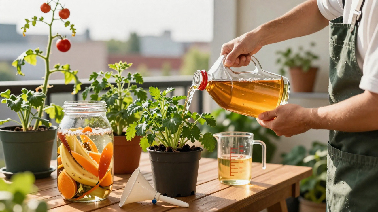 Pessoa regando plantas em vaso com regador caseiro de cascas de frutas em mesa de madeira.