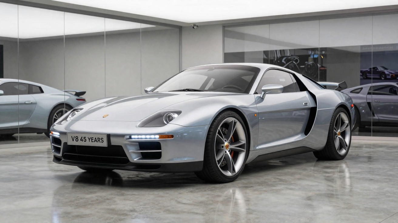 Carro esportivo Porsche prata modelo V8 45 Years em showroom com paredes de vidro e piso cinza brilhante.