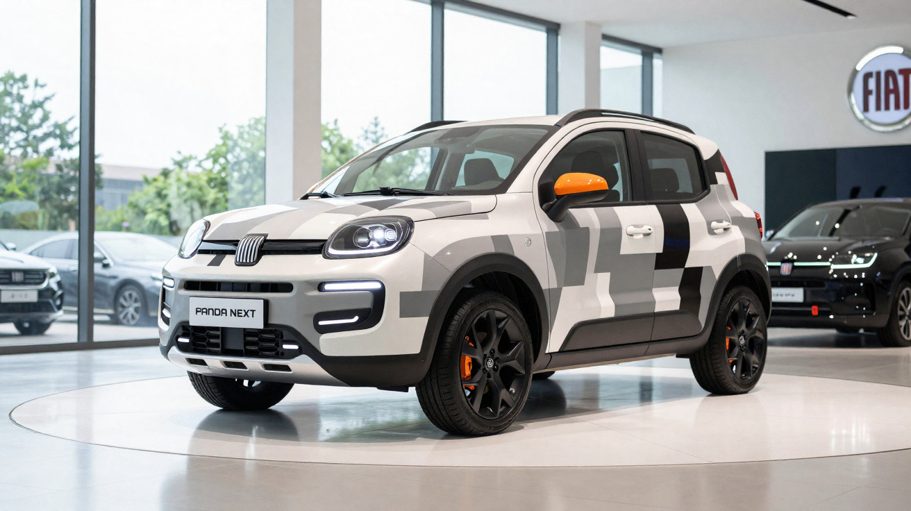 Carro Fiat Panda Next branco com detalhes em cinza, laranja nas portas e rodas pretas em showroom.