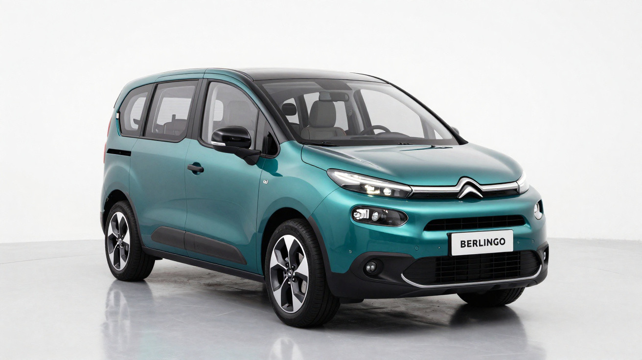 Carro Citroën Berlingo verde água com teto preto, visto de frente em estúdio branco.