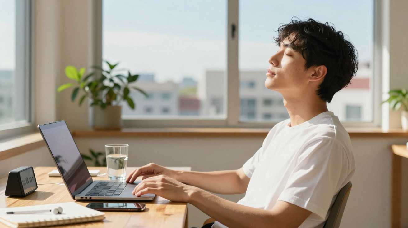 Homem jovem sentado em mesa com laptop, olhos fechados, respirando fundo, em ambiente iluminado pelo sol.