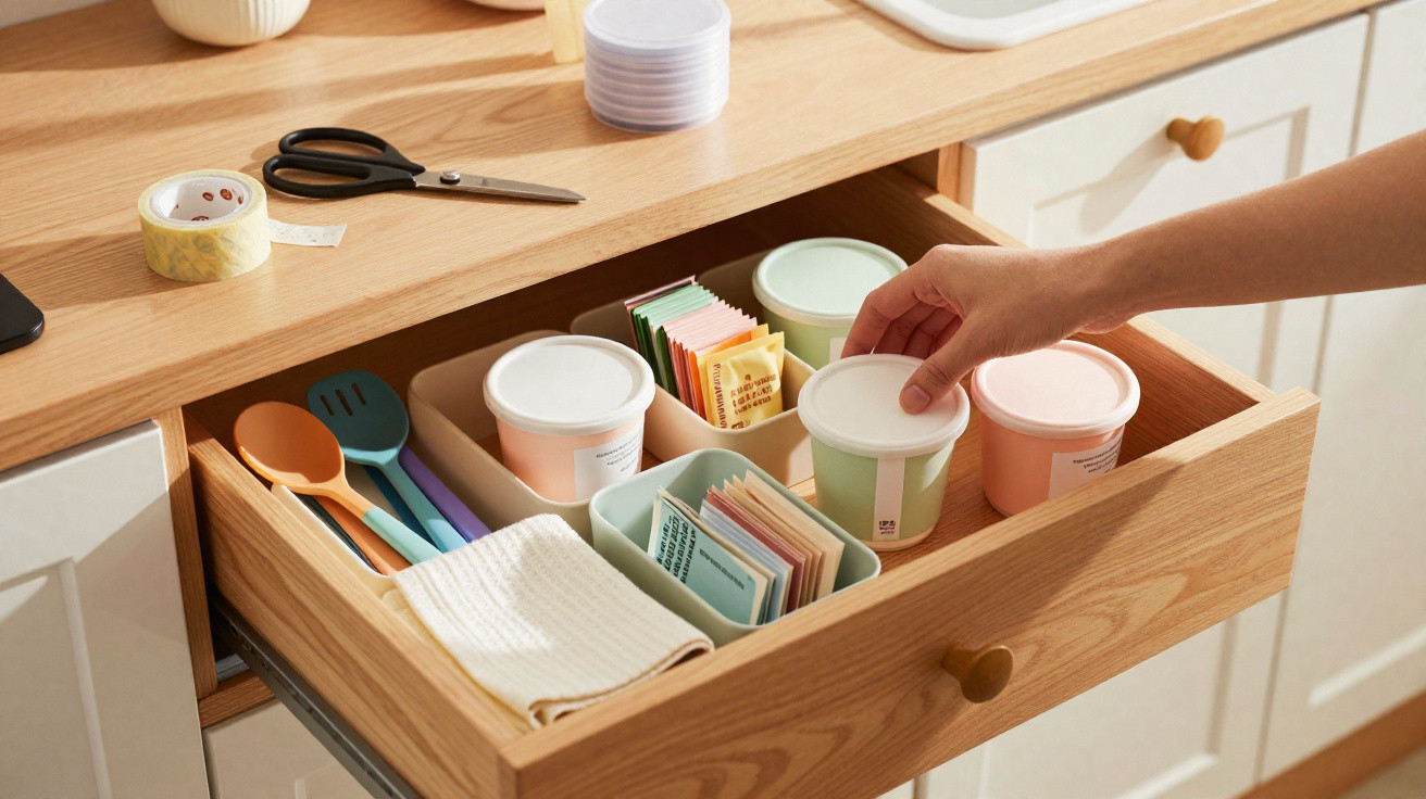 Gaveta de madeira organizada com utensílios de cozinha, saquinhos de chá, recipientes e uma mão segurando um pote.