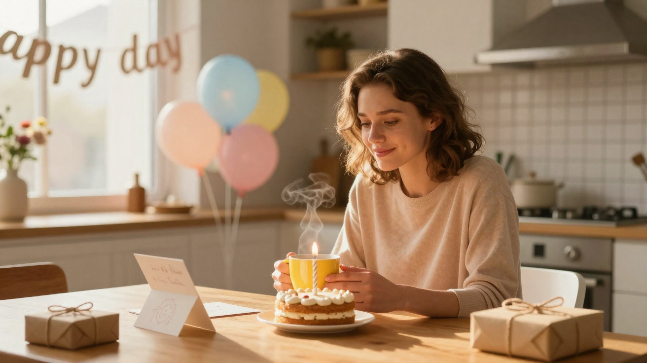 Mulher sorrindo sentada à mesa com bolo de aniversário, presente e decoração em cozinha iluminada.