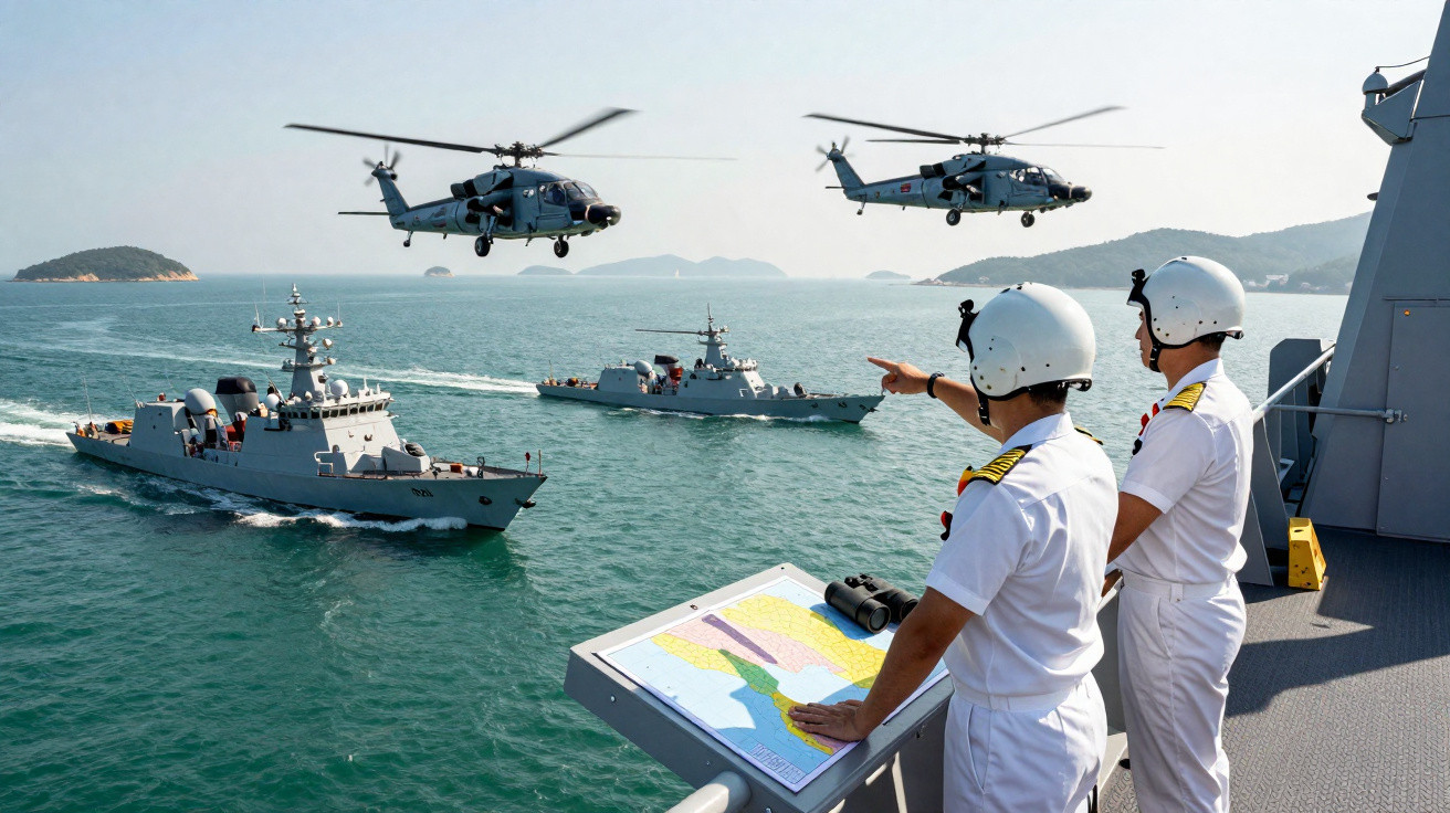 Dois oficiais da marinha observam helicópteros sobrevoando navios militares em alto mar.