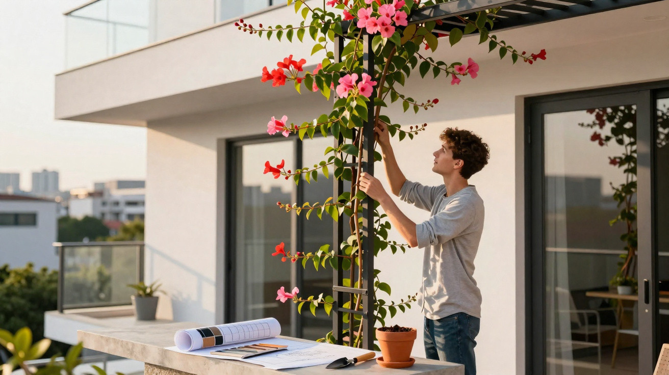 Jovem cuidando de planta florida trepadeira em varanda moderna durante o dia.