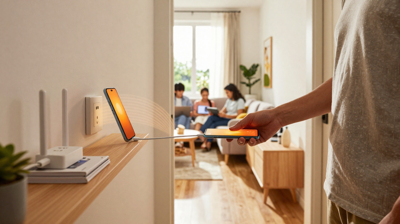 Pessoa usando carregador sem fio para smartphone em ambiente de sala com outras pessoas ao fundo.