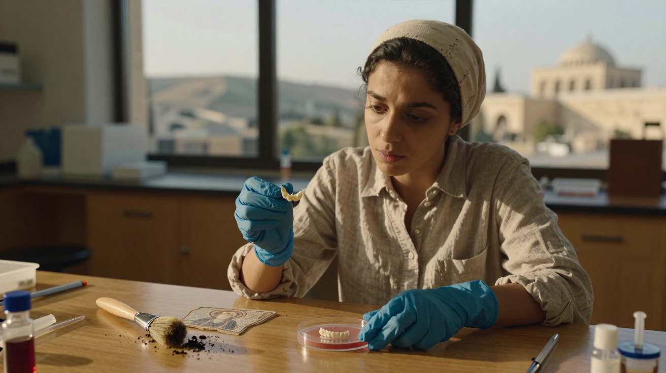 Mulher usando luvas azuis analisa fragmento dentário em laboratório com utensílios e terra sobre mesa.