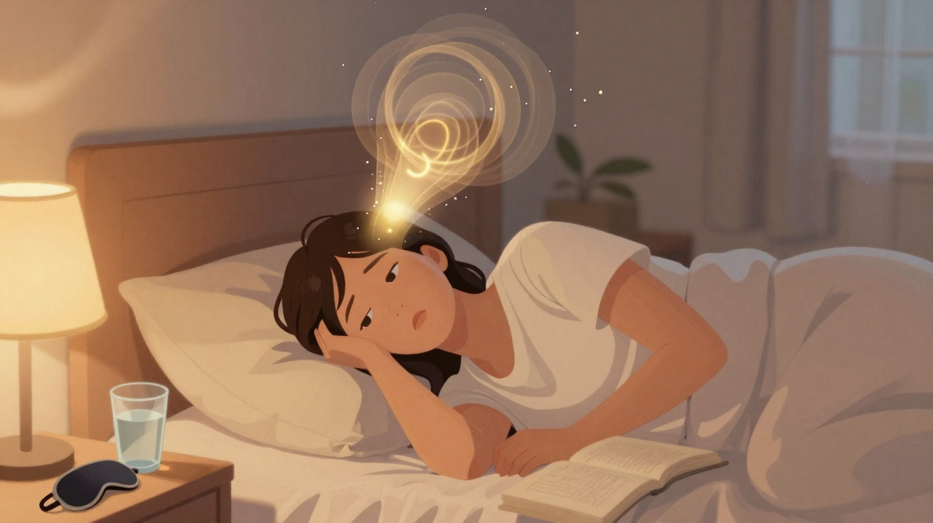 Mulher deitada na cama lendo livro, com luz suave e traços de pensamento ao redor da cabeça.