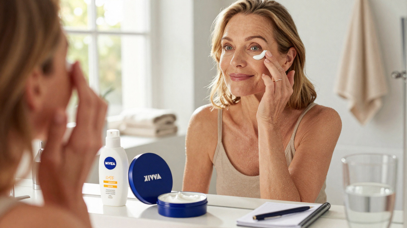 Mulher aplicando creme facial anti-idade Nivea no rosto em frente ao espelho do banheiro.