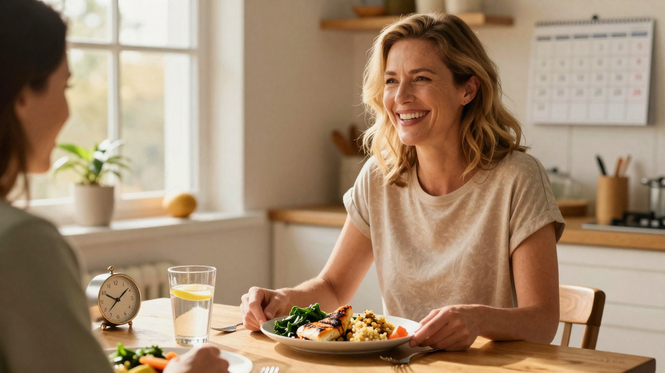 Mulher sorridente almoça com outra pessoa em cozinha iluminada e acolhedora.