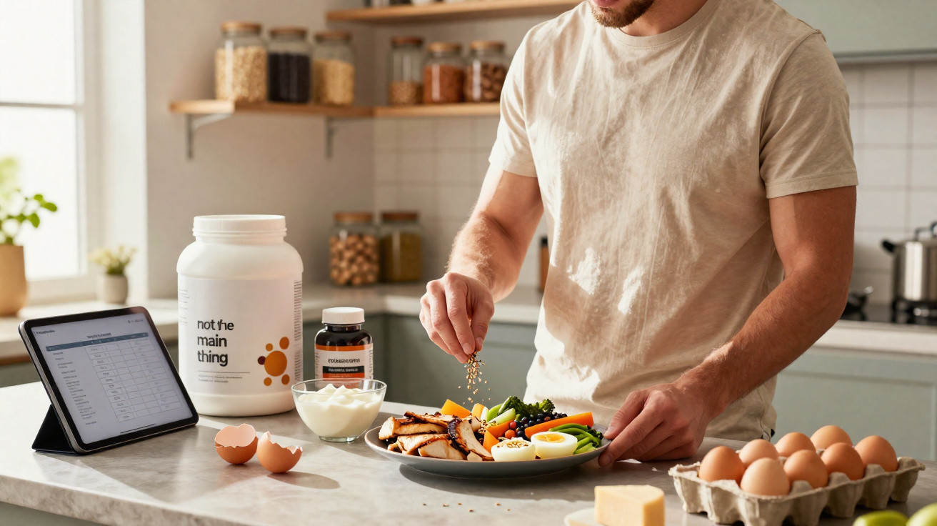 Homem temperando salada com ovos, legumes e frango na cozinha, ao lado de suplementos e ovos.