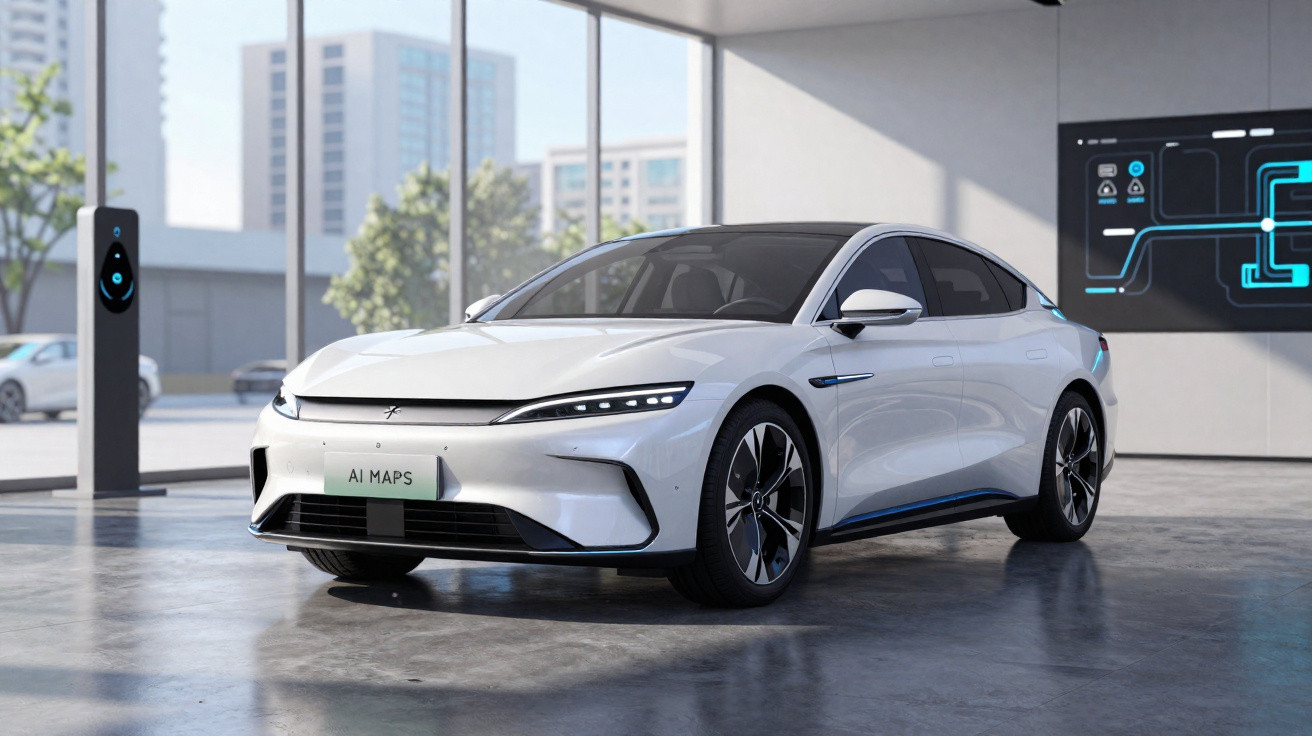 Carro elétrico branco estacionado em área de carregamento com design moderno e janelas grandes.