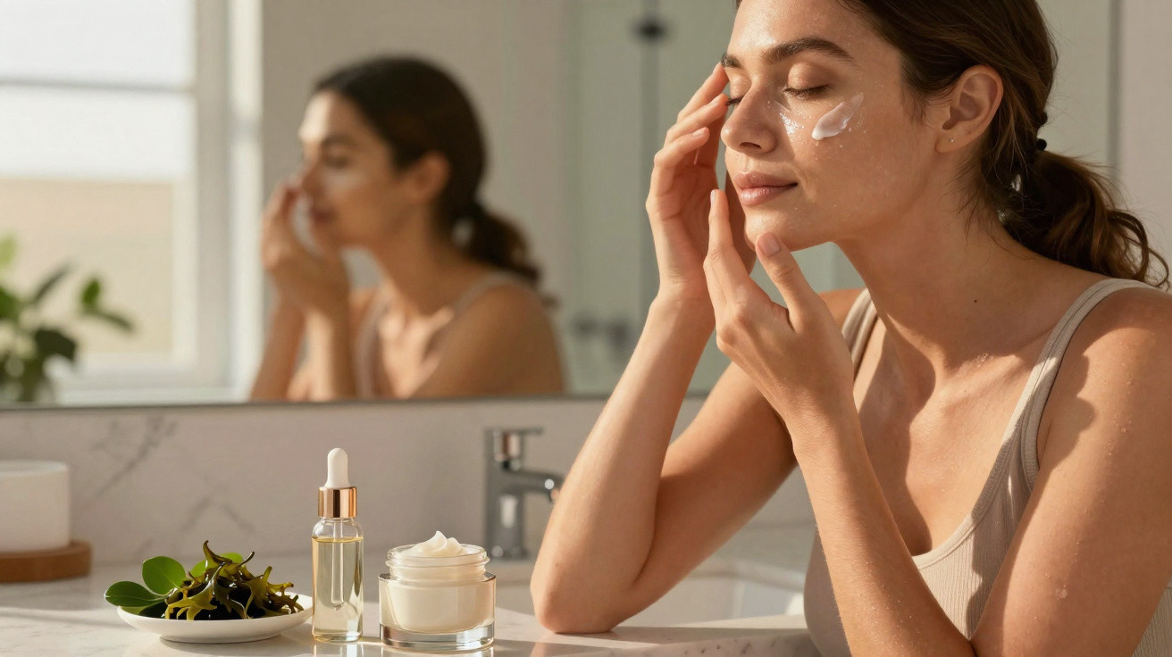 Mulher aplicando creme facial com olhos fechados em banheiro iluminado por luz natural.