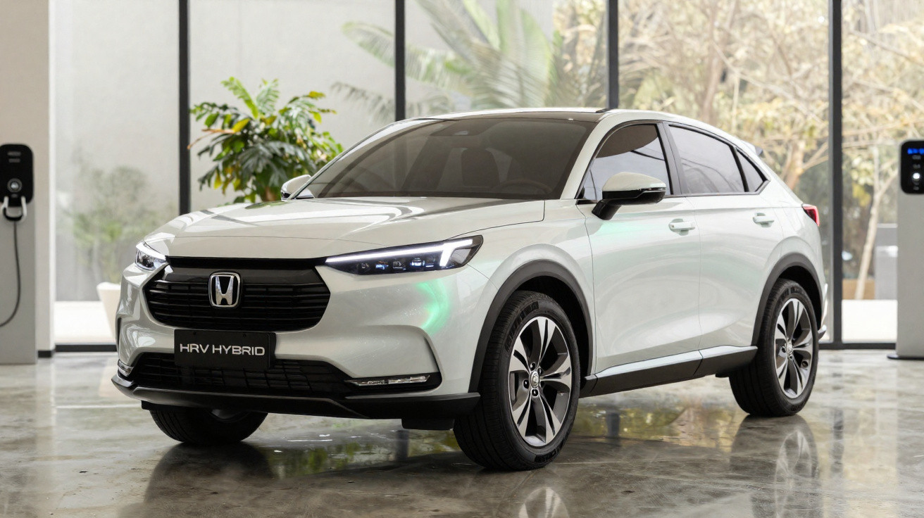 Carro híbrido Honda HR-V branco em ambiente interno moderno com chão de concreto polido.