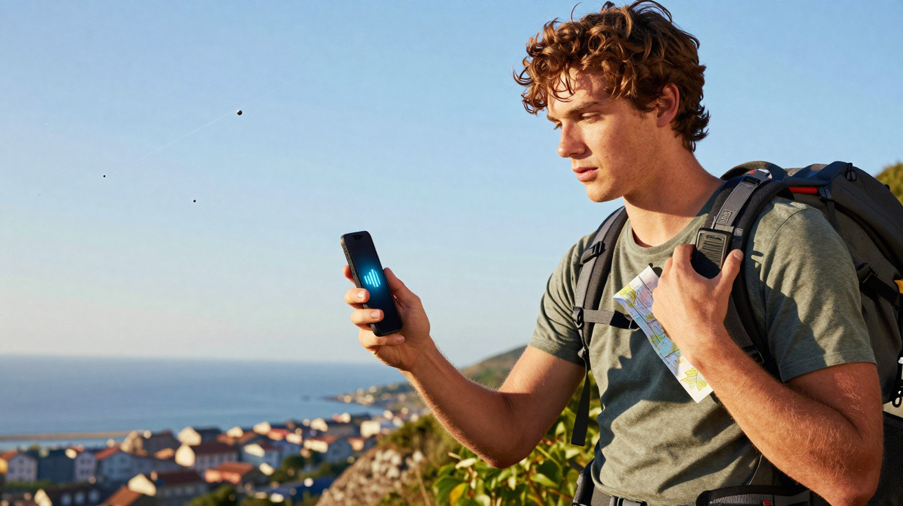 Jovem com mochila segura celular e mapa, olhando tela de aplicativo em paisagem costeira ao fundo.