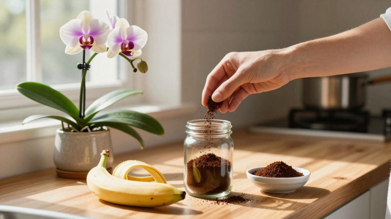 Mão colocando café moído em pote na bancada da cozinha ao lado de banana e orquídea branca e lilás.