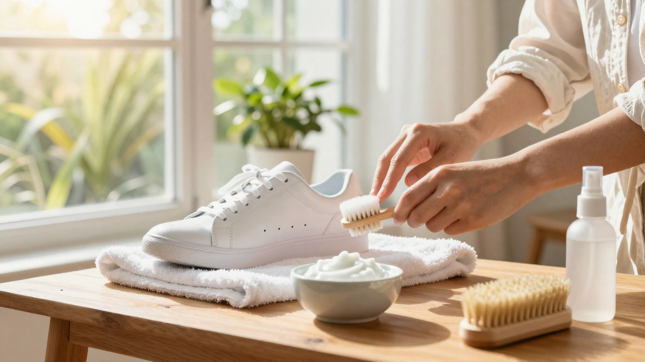 Pessoa limpando tênis branco com escova e creme, sobre toalha branca em mesa de madeira.