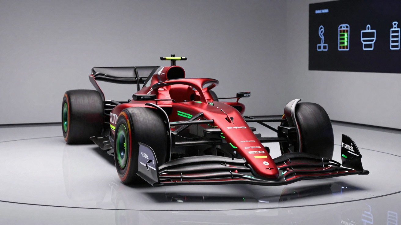 Carro de Fórmula 1 vermelho com detalhes verdes em exposição em ambiente interno moderno.