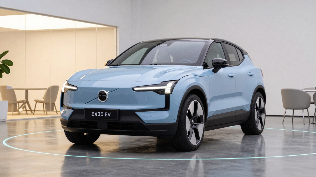 Carro elétrico Volvo EX30 EV azul claro em ambiente interno moderno com iluminação circular no chão.