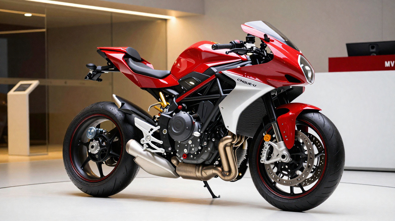 Moto esportiva vermelha com detalhes em preto e prata em ambiente interno, vista lateral direita.