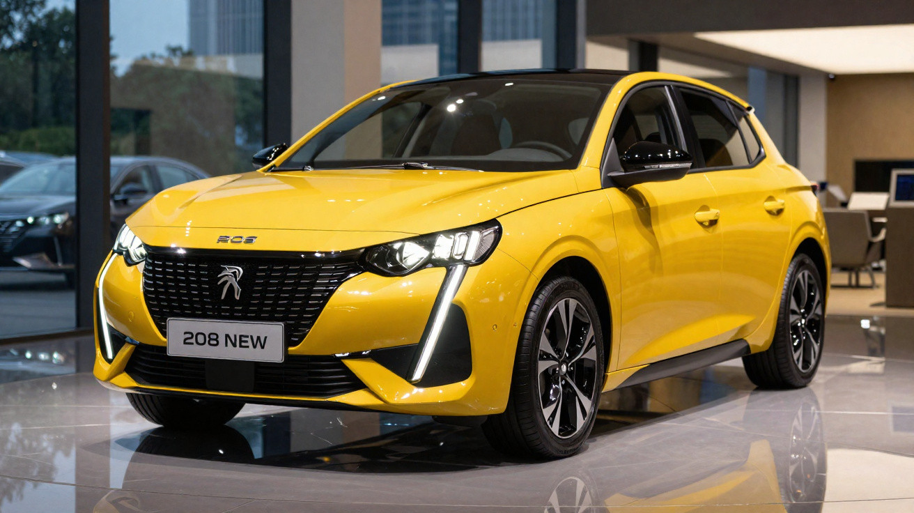 Carro Peugeot 208 amarelo em showroom com teto preto e faróis acesos.