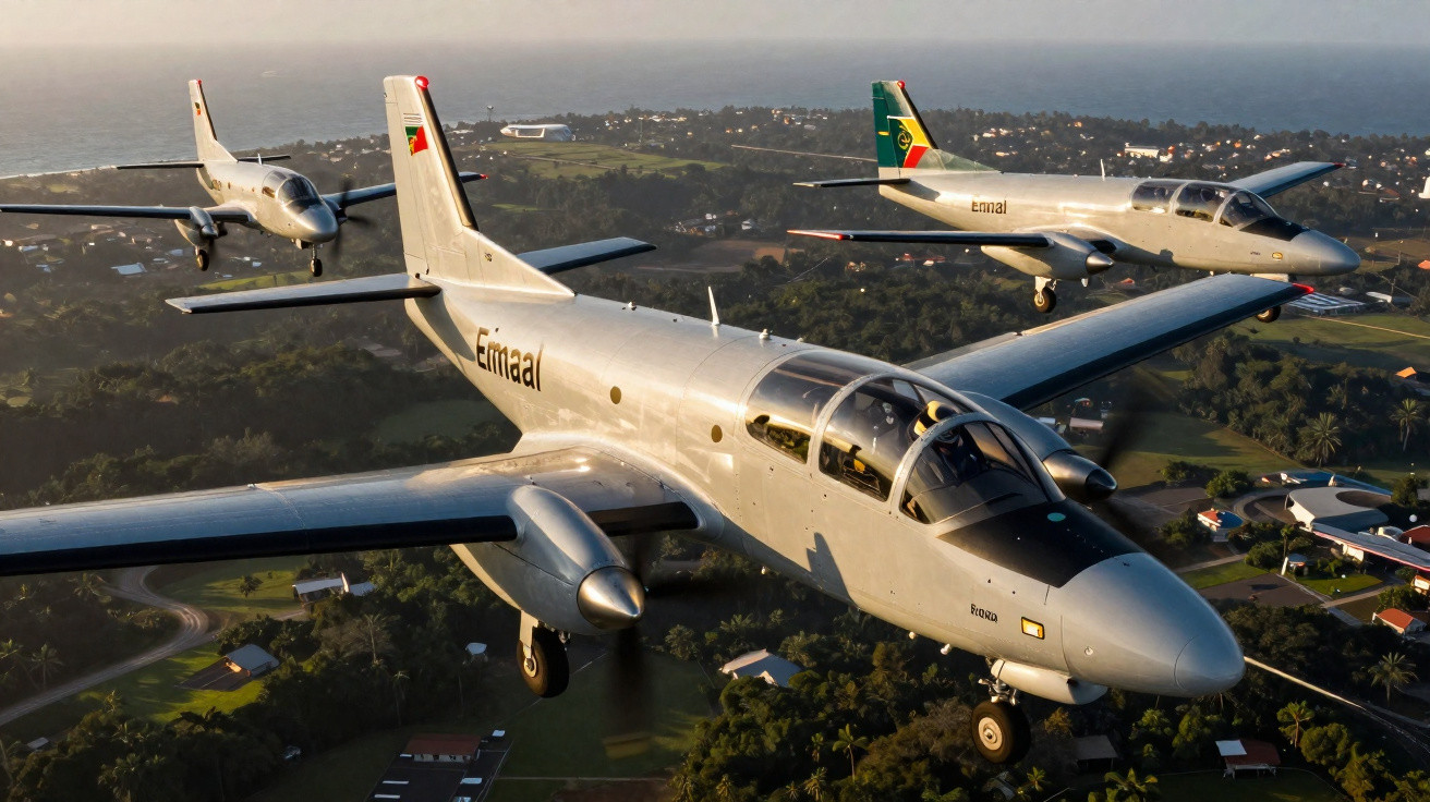 Três aviões militares de treinamento voando em formação sobre área verde com casas e mar ao fundo.