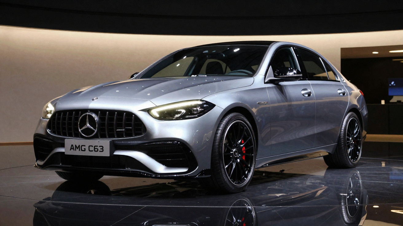 Mercedes-Benz AMG C63 cinza metálico exibido em showroom com iluminação suave e rodas pretas esportivas.
