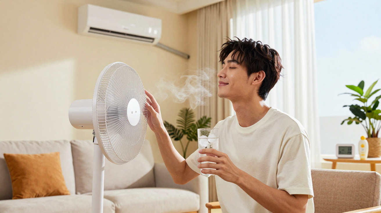 Jovem sentado em sala com ar-condicionado, refrescando o rosto com ventilador e segurando copo de água.