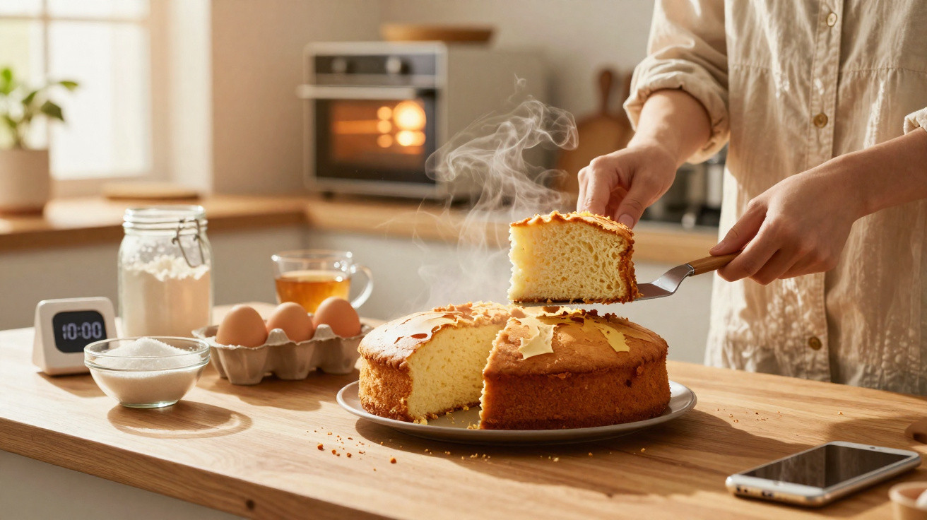 Pessoa retirando pedaço de bolo caseiro quente em cozinha iluminada, com ingredientes e forno ao fundo.
