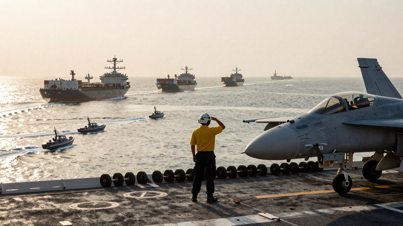 Marinheiro em convés de porta-aviões observa comboio de barcos militares no mar ao entardecer.