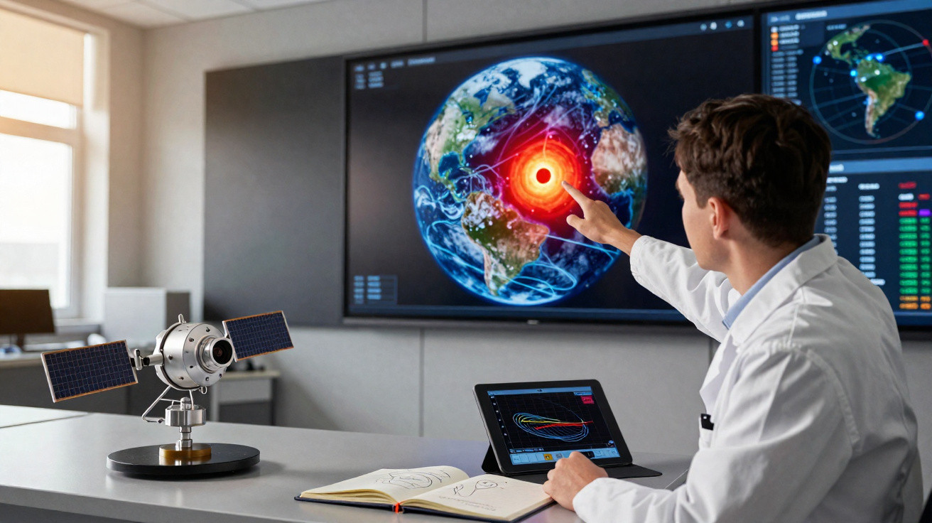 Cientista aponta para imagem digital do planeta Terra com dados e satélite em mesa de laboratório.