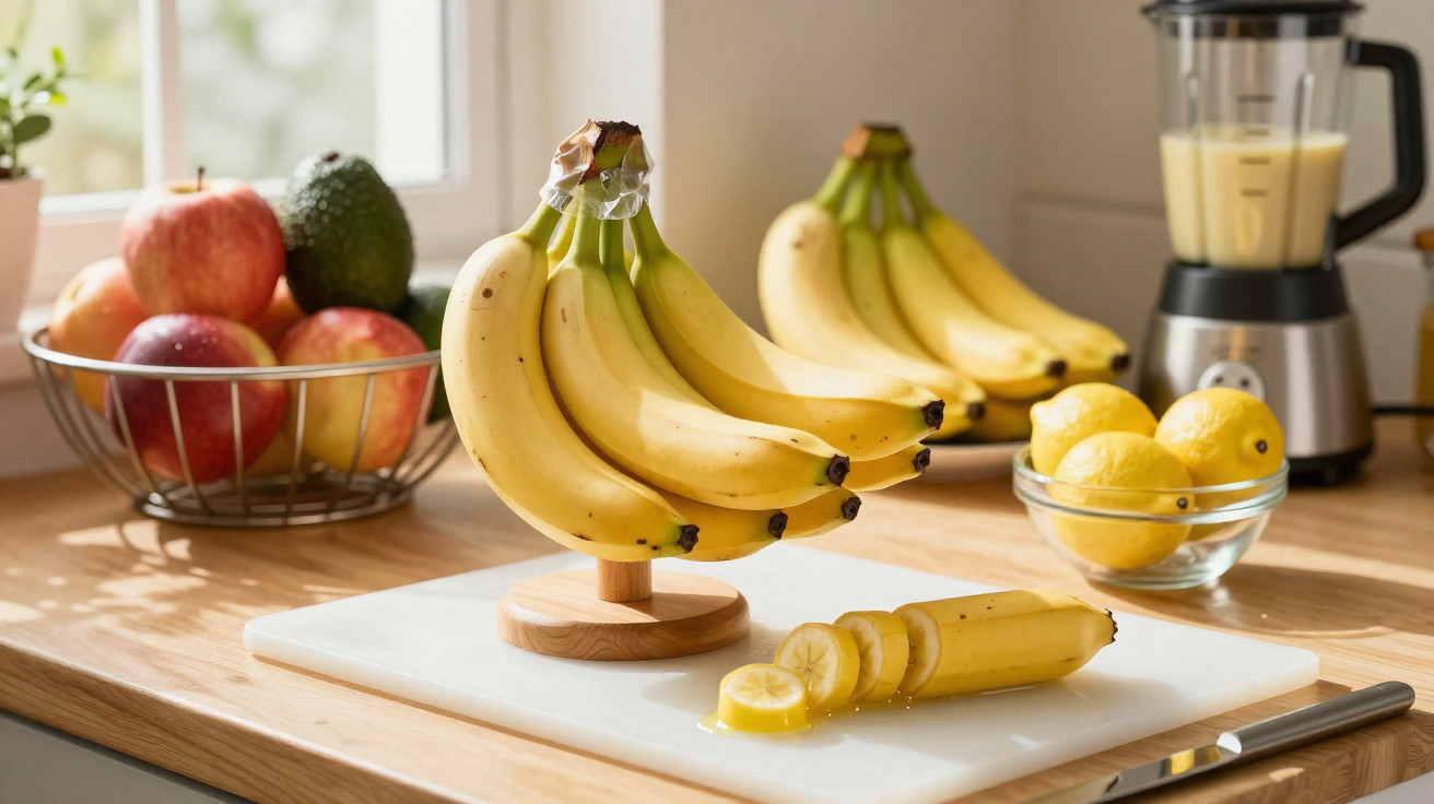 Cacho de bananas pendurado em suporte, com frutas variadas, limões e liquidificador em balcão de cozinha.