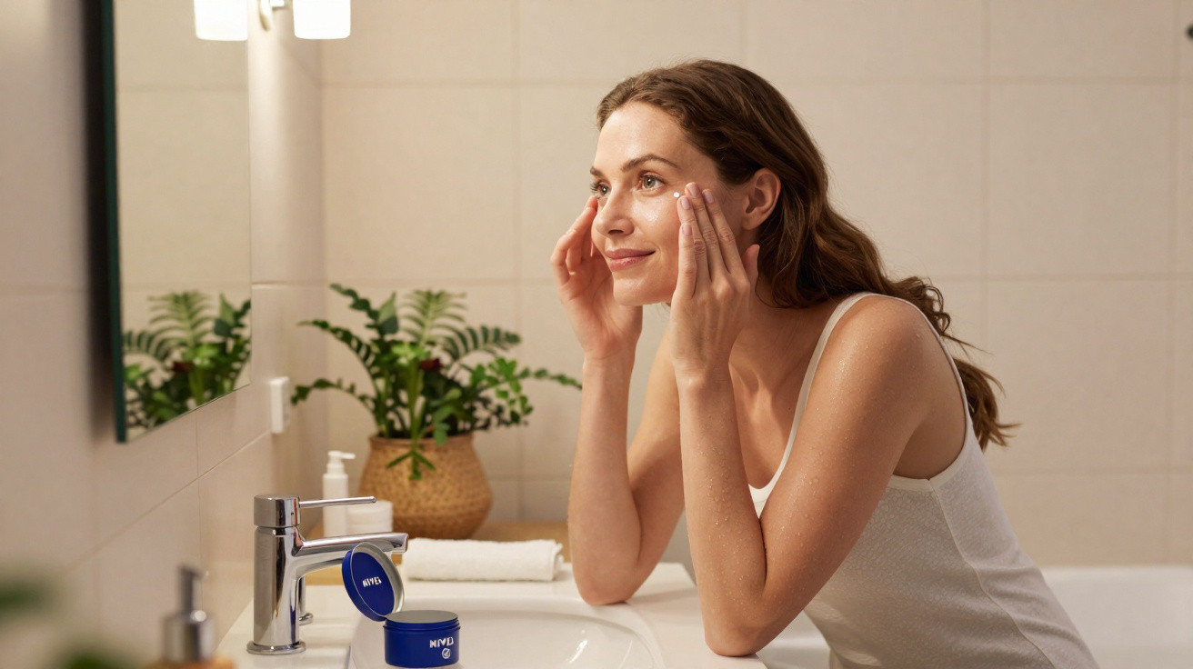Mulher aplicando creme facial em frente ao espelho em banheiro com planta decorativa.