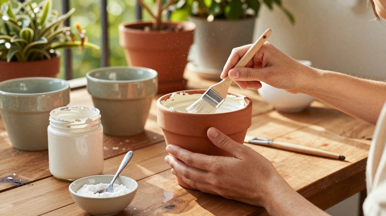Pessoa pintando vaso de cerâmica com tinta branca em mesa com plantas e potes.