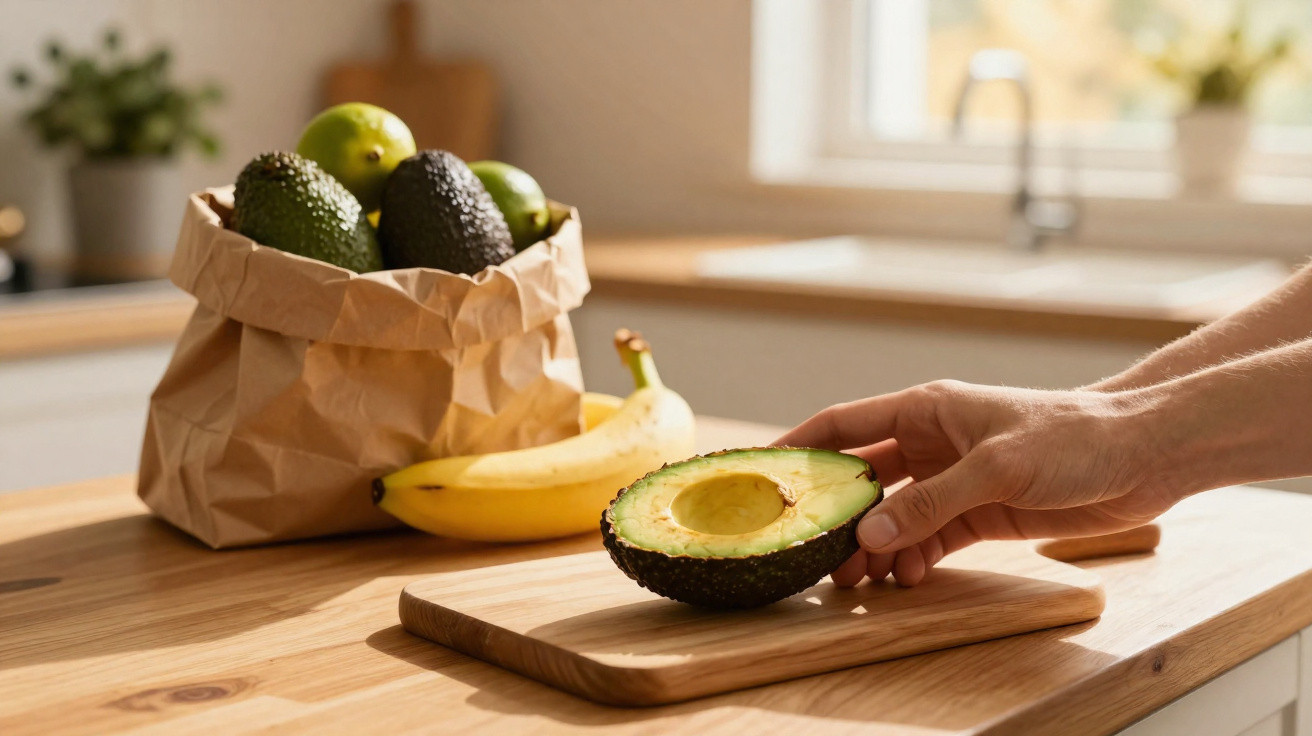 Mão segurando metade de abacate em tábua de corte, com bananas e sacola de papel com frutas ao fundo.