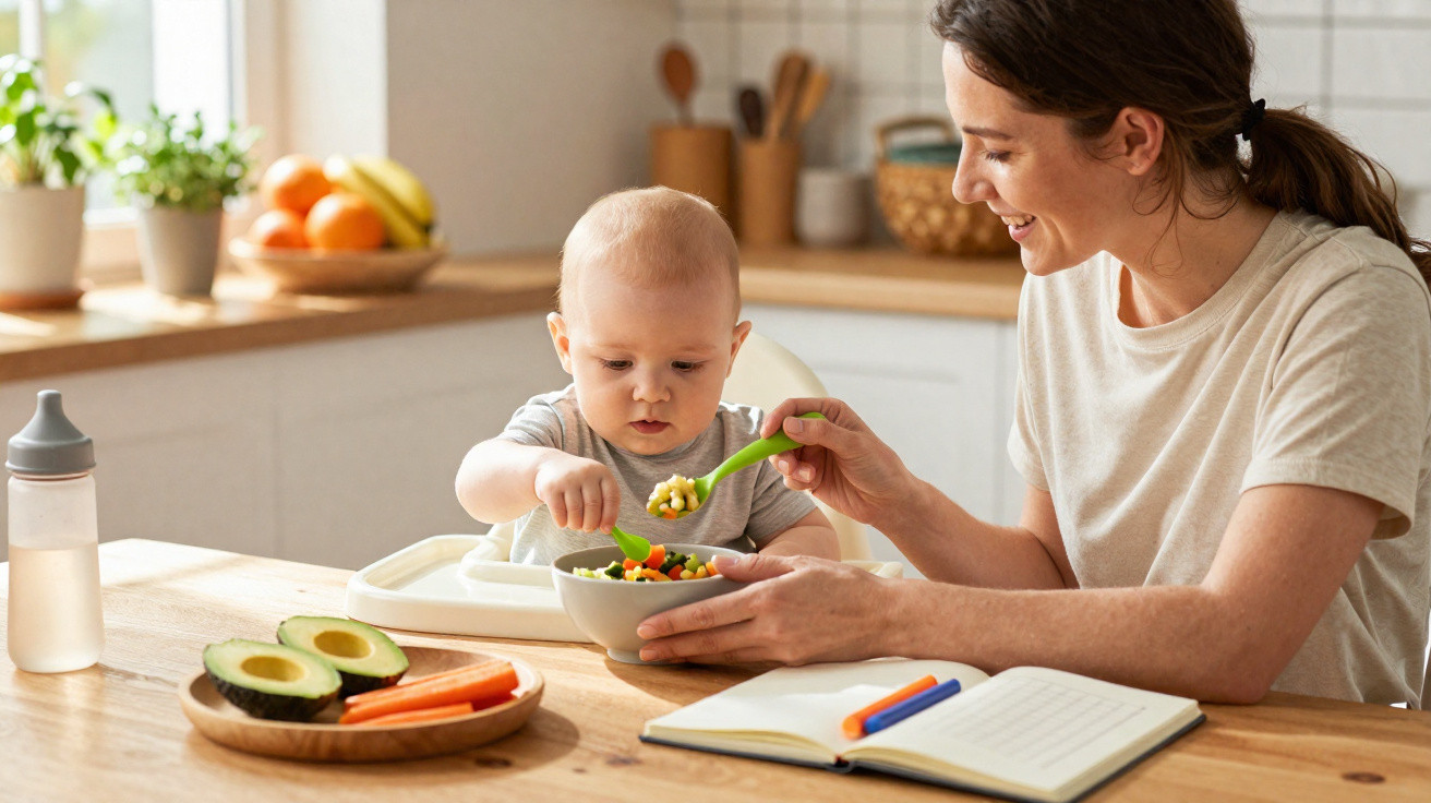 Mãe sorrindo enquanto alimenta bebê com colher na cozinha, mesa com legumes e caderno aberto.