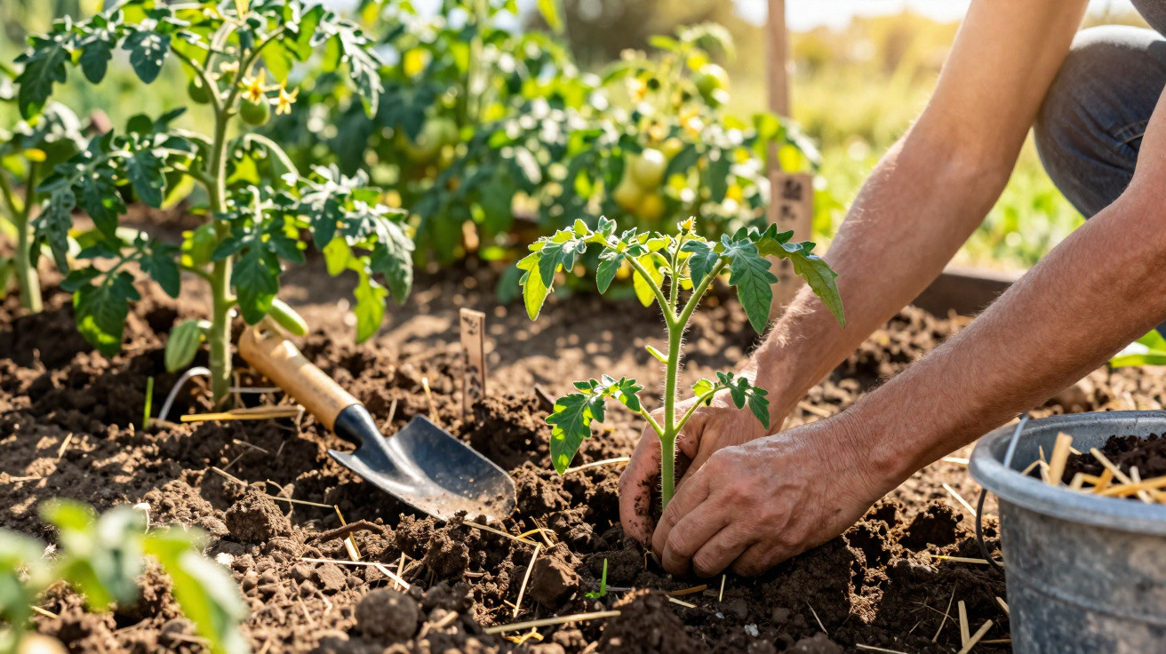 Mãos plantando muda de tomateiro em solo fértil com ferramenta de jardinagem ao lado em hortaliça.