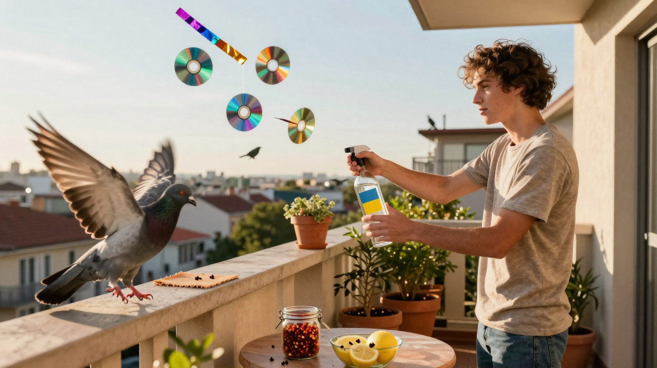 Jovem borrifando água em varanda decorada com CDs para espantar pombo que voa próximo.