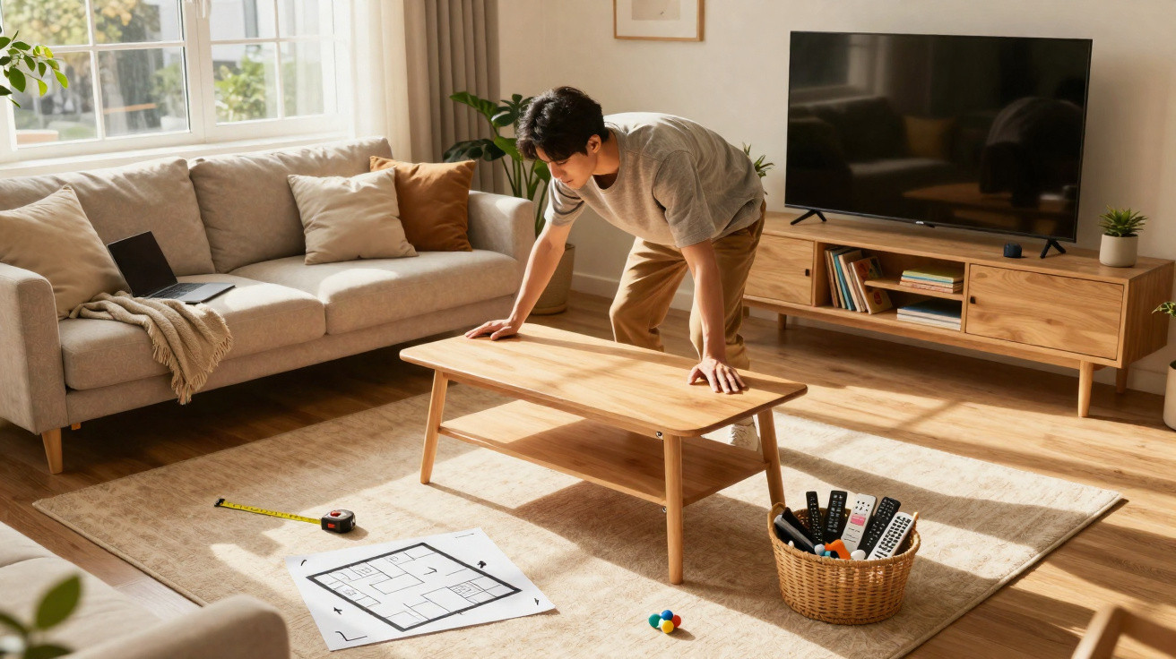 Homem organizando mesa de centro em sala com sofá, TV e planta, com planta baixa no tapete.