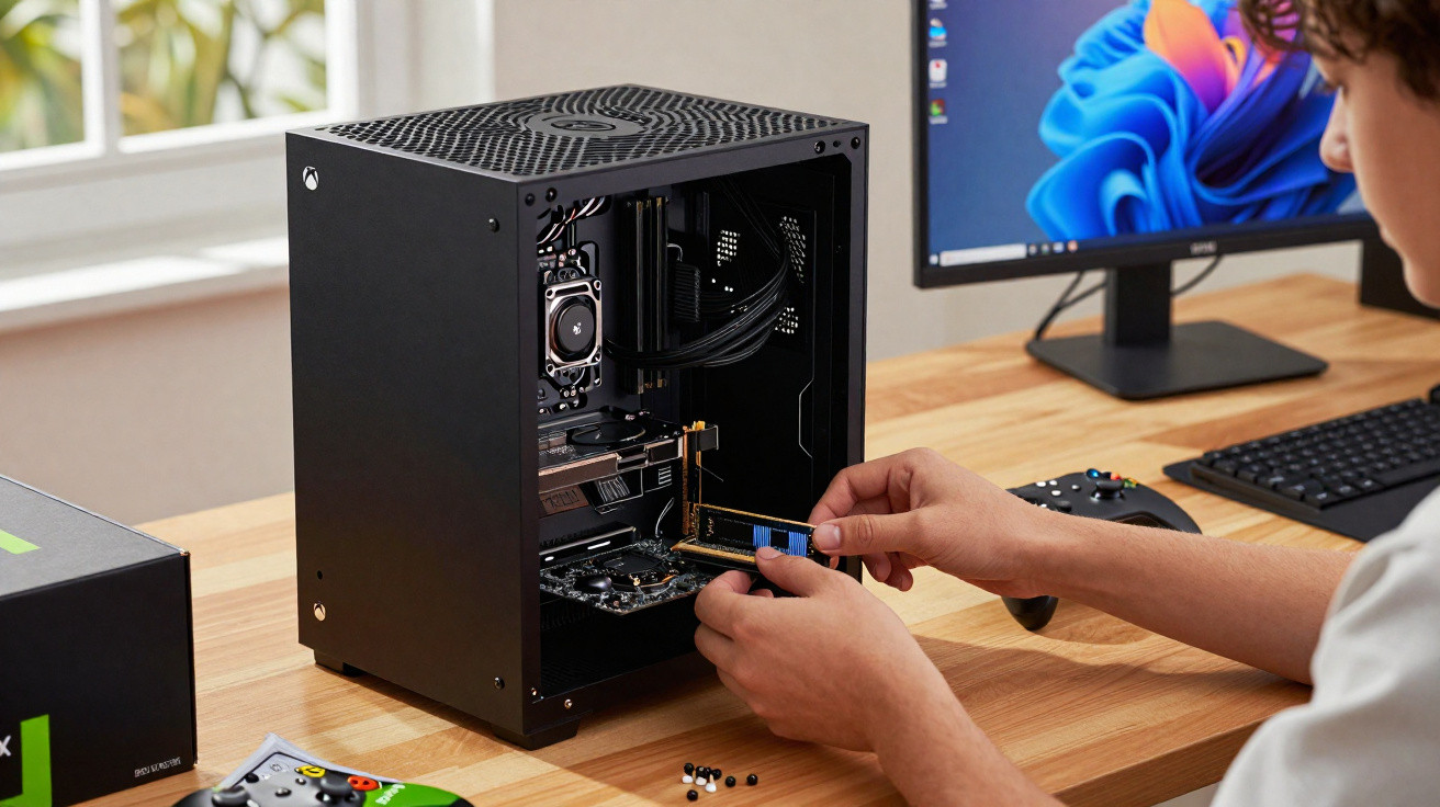 Pessoa instalando componente de hardware dentro de torre de PC em mesa com monitor e controle de videogame.