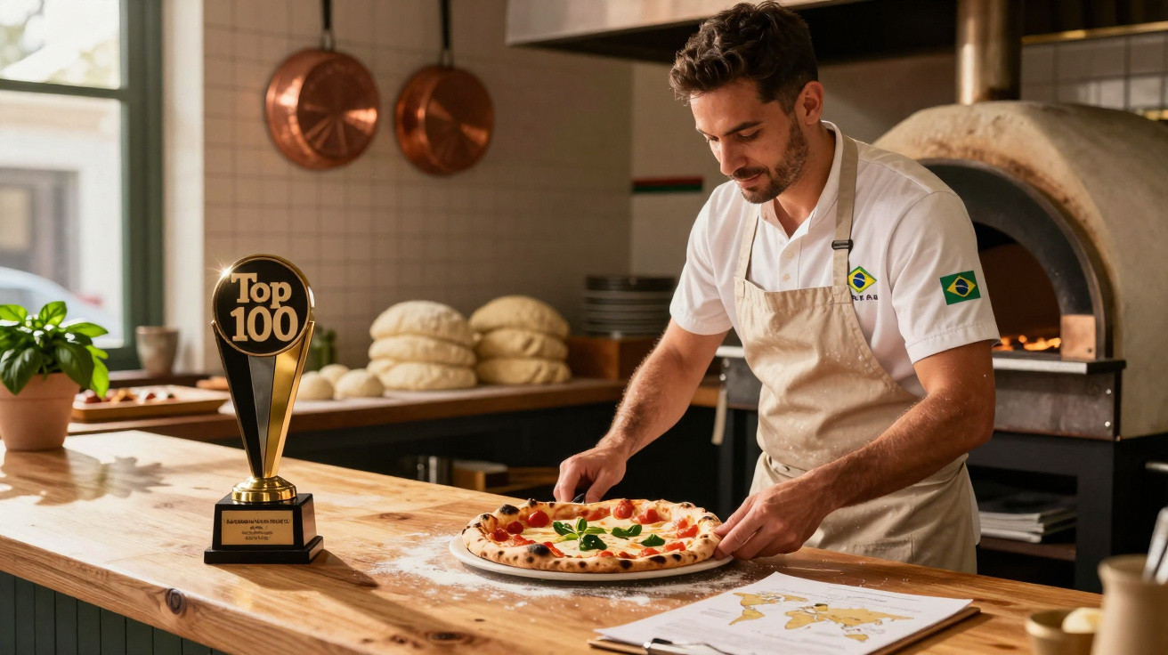 Homem com avental preparando pizza em forno a lenha, com troféu Top 100 na bancada ao lado.