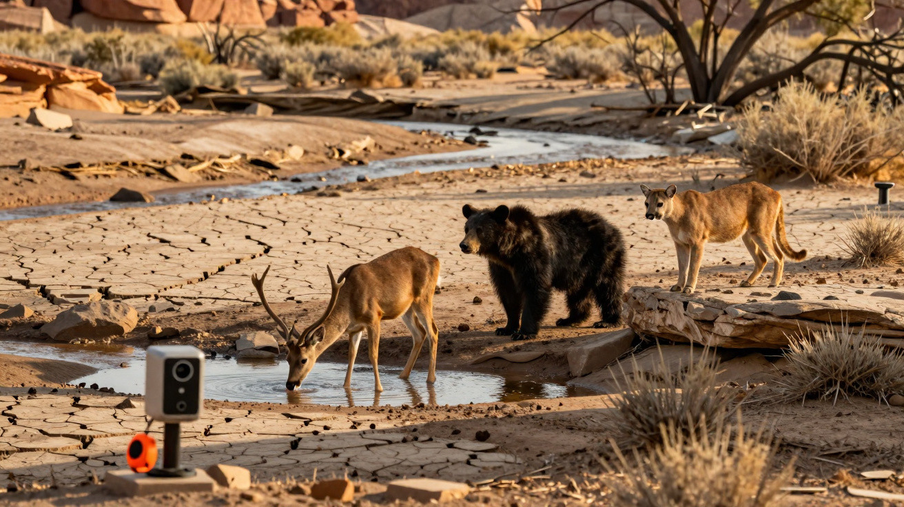 Um cervo bebendo água, um urso preto e uma onça-parda observam em um riacho seco no deserto.