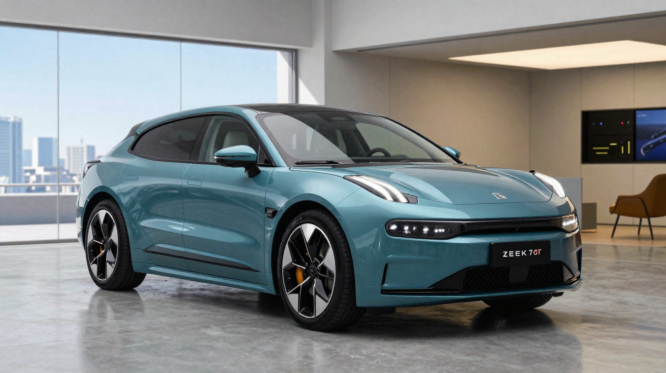 Carro elétrico Zeekr 001 na cor azul, exibido em ambiente interno com janelas amplas.